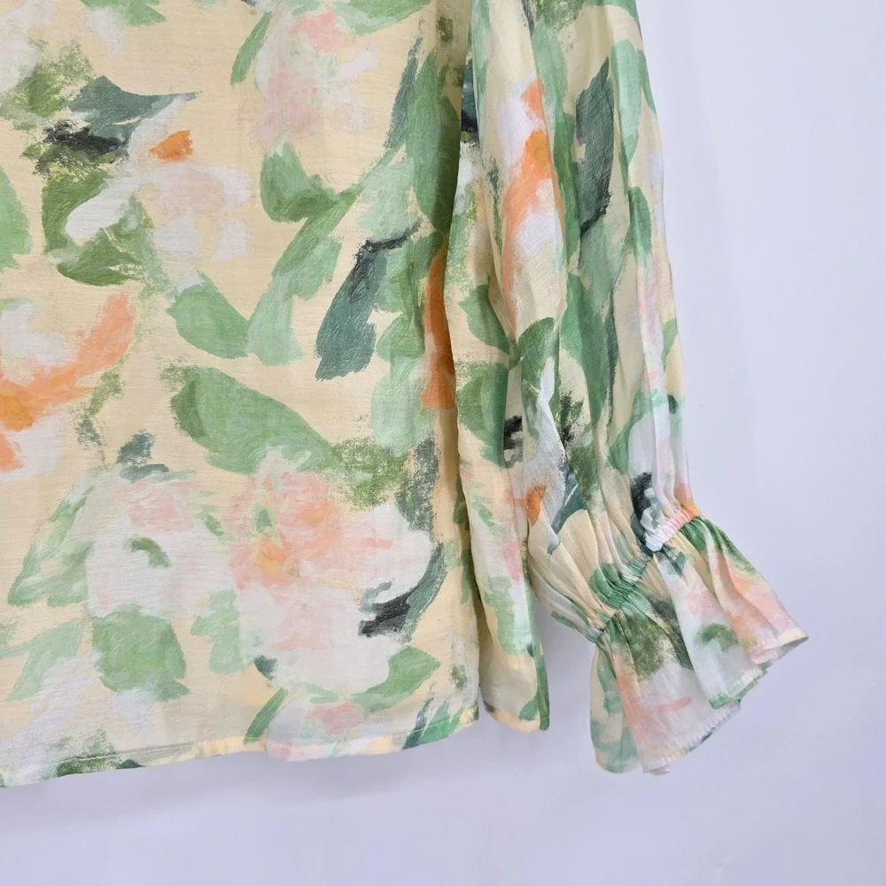 Jade Melody Tam Floral Blouse Green Orange Yellow Impressionist Smocked Cuff S - Picture 10 of 13